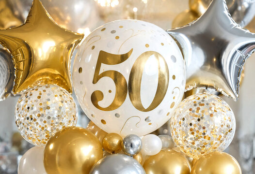 Golden and silver balloons celebrating a fiftieth anniversary party decoration