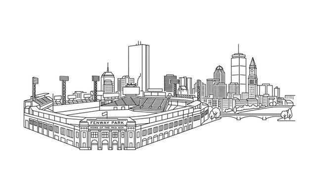 Detailed line art of Fenway Park and Boston skyline.