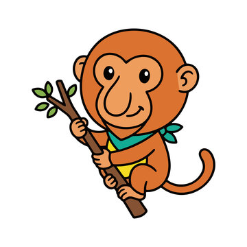 Cute Kawaii Bekantan Proboscis Monkey Holding Wood Branch, Retro Pop Art Cartoon Vector with Bold Outlines and Halftone Style