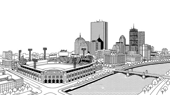 Detailed line art sketch of Boston skyline and stadium.