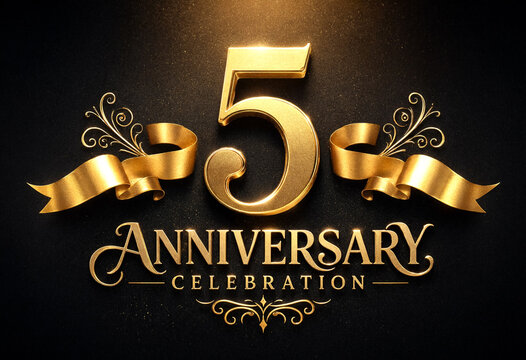 Golden Five Year Anniversary Celebration Design With Ribbon Decorations