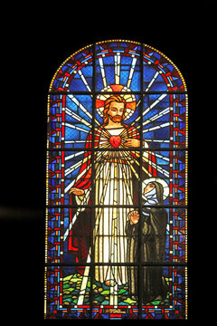 Sacred heart of Jesus and Saint Margaret Mary Alacoque, stained glass, Notre Dame de Clignancourt church, Paris, France