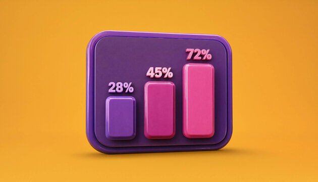 3D bar chart showing percentage growth with 28 45 and 72 percent values on purple background