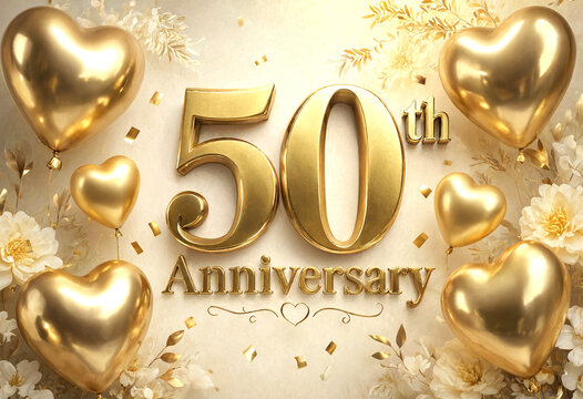Golden heart balloons celebrating a golden anniversary milestone together