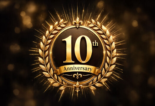 Golden ten anniversary celebration badge with laurel wreath design
