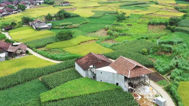 Drone shot of handmade Giay Ban paper drying in Dia Tren village, Cao Bang
