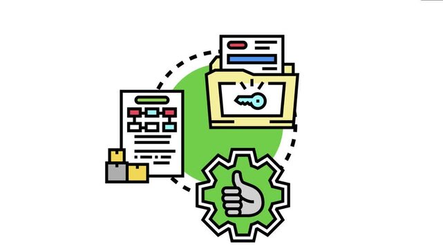 Operational guidelines presenting a folder with a key, a document with a checklist and boxes, and a gear with a thumb up symbol, conceptualizing successful process management