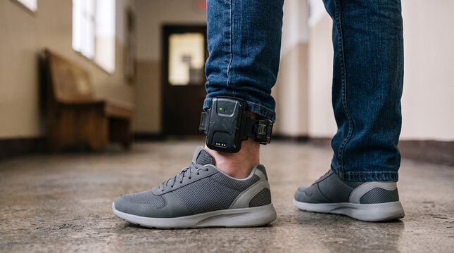 Electronic ankle monitor on man under house arrest, GPS tracking for probation and criminal justice
