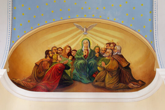 Descent of the Holy Spirit, Pentecost, fresco on the ceiling of the parish church of the Visitation of the Virgin Mary in Topusko, Croatia