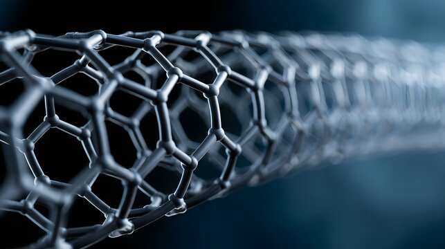 Close up of a carbon nanotube structure showcasing its hexagonal lattice pattern with depth of field blur effect