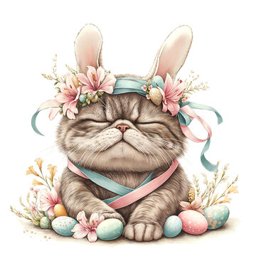 Easter cat, watercolor cat, floral crown, Easter eggs, spring animal, cute pet illustration, holiday cat, Easter decoration, watercolor illustration, children's design, cat, Easter, eggs, flowers, spr