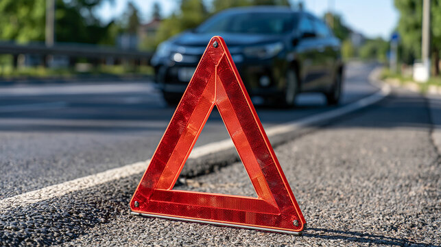 Bright red emergency warning triangle standing on the highway shoulder with a disabled car blurred in the distance, roadside breakdown safety concept, low-angle view, clean asphalt surface, open roa