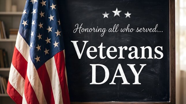A chalkboard sign honoring all who served for veterans day with an american flag standing to the side