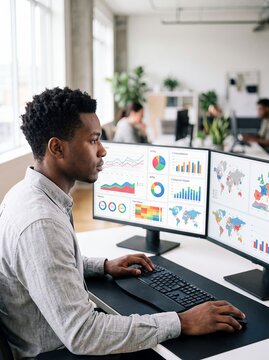 data analyst analytics dashboard business computer man office charts professional reviewing performance metrics comparison charts and global maps on dual monitors for corporate reporting and strategy