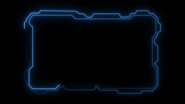 Geometric frame animation displays futuristic borders on black. Modern sci-fi telemetry screen panels outline geometric frame animation. Digital user interface overlays shape frame.