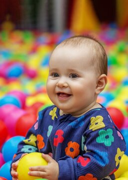 Laughing baby holding yellow ball in colorful ball pit