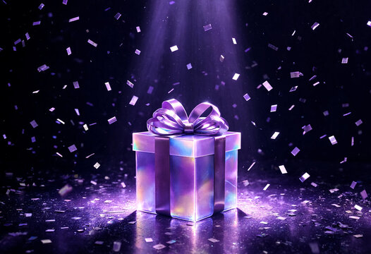 Purple gift box with shiny bow and falling confetti sparkles