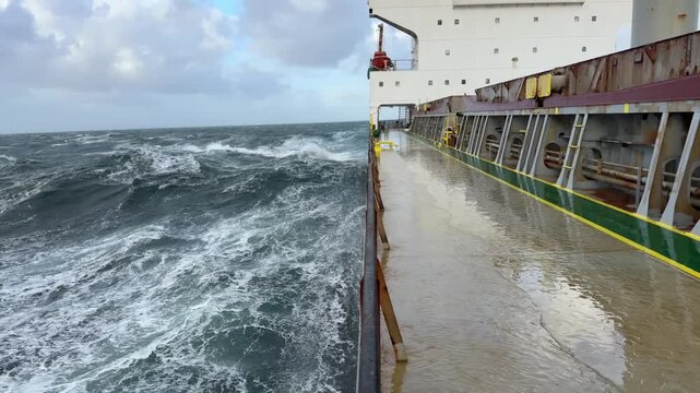 ea water on deck of merchant ship proceeding at ocean.
