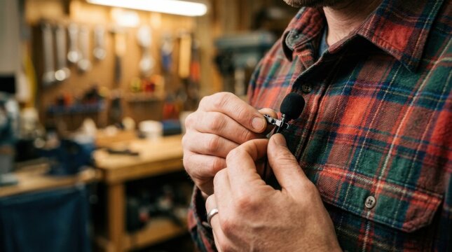 Hands clipping a lavalier microphone to a plaid shirt collar in a workshop for a diy tutorial video