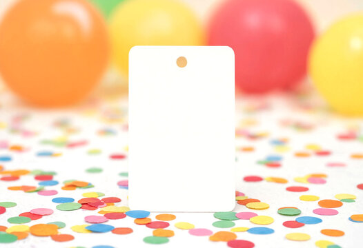 White Tag with Hole Set Among Colorful Confetti and Balloons