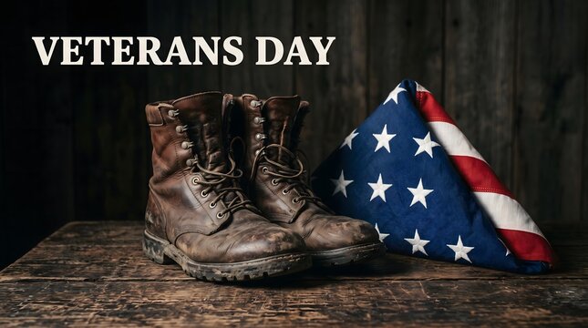 Veterans day tribute with worn military combat boots and a folded american flag on a rustic wooden surface