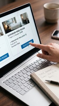 Person clicking select room button on hotel booking website using laptop while sitting at a wooden desk with a handwritten travel itinerary notebook nearby.