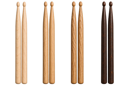 Four pairs of drumsticks arranged neatly in rows, showcasing different wood grains and shades of brown and beige. , transparent background, AI generative