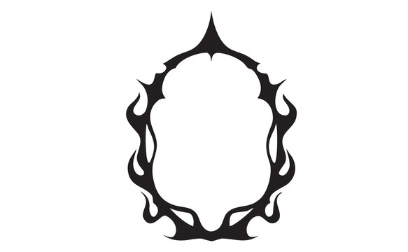 Black gothic tribal flame oval frame border illustration. Dark fantasy fire silhouette mirror shape for tattoo punk metal and horror design. Isolated flat vector illustration on white background art.