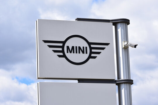 Mini Cooper sign, logo, emblem at MINI Bawaria Motors dealer salon. WARSAW, POLAND - APRIL 28, 2026