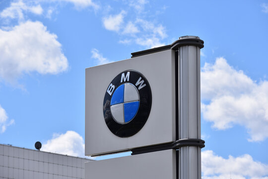 BMW sign, logo, emblem at BMW Bawaria Motors dealer salon. WARSAW, POLAND - APRIL 28, 2026