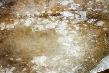 Winter ice background. Frozen water texture, macro view. Frost river close up, top view. Ice on flowing river. © Taigi