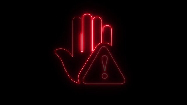 Hand stop sign animation displays a warning exclamation symbol. Critical security access restriction alerts trigger on hand stop sign animation. Urgent hazard notices flash on sign.