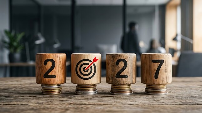 New Year 2027 goal setting with target and coins on wooden desk in office