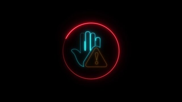 Hand stop symbol animation displays warning notices inside a ring. Security access restriction alerts trigger on hand stop symbol animation. Urgent hazard notices flash on the symbol.