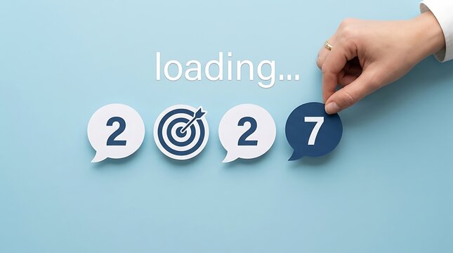 New Year 2027 loading concept with target and speech bubbles, business goal achievement