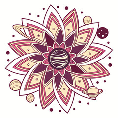 Stylized cosmic flower mandala with planetary rings and celestial elements © Tiya