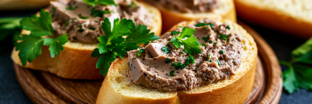 classic bruschetta with pate and fresh herbs, gourmet bruschetta appetizers on a rustic wooden board, appetizing toasted bruschetta topped with savory pate and herbs