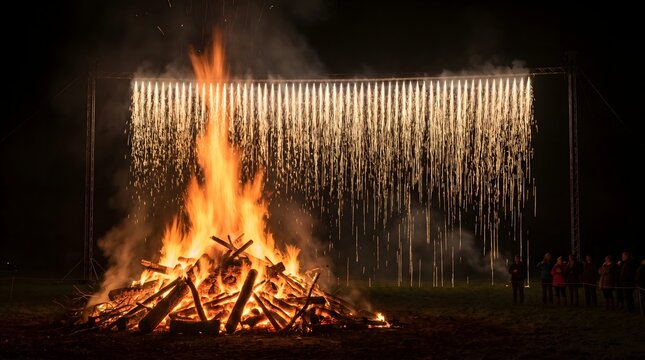 Giant bonfire and cascading fireworks display at night. Glowing wood logs. Sparkling pyrotechnics raining down from a metal structure. Festive outdoor event celebration. Vibrant fiery amber colors