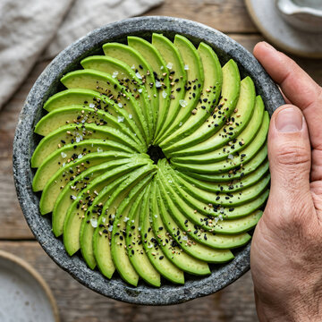 A hand holding a stone bowl filled with beautifully arranged thin avocado slices.