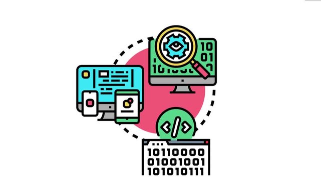Open source software library concept showing code being reviewed on a computer monitor. Development across multiple devices. And programming with binary code