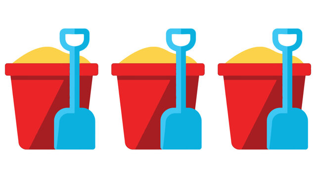 Colorful vector beach buckets filled with yellow sand and blue toy shovels for summer fun