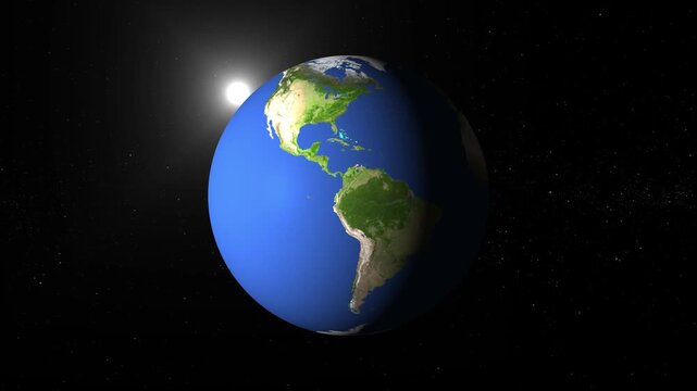 Planet Earth animation floats beside the radiant Sun in deep space. Solar system astronomy orbits capture this active planet Earth animation. Distant celestial galaxies frame Earth.