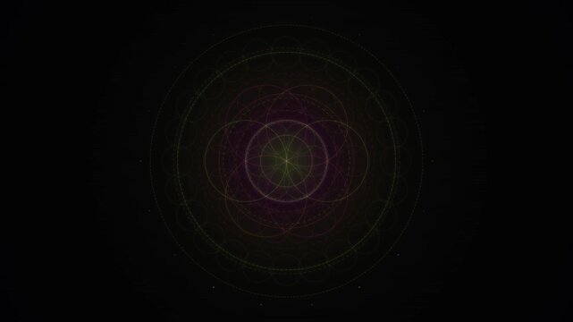 A delicate and intricate mandala design glows with faint green and purple neon lines against a deep black background.