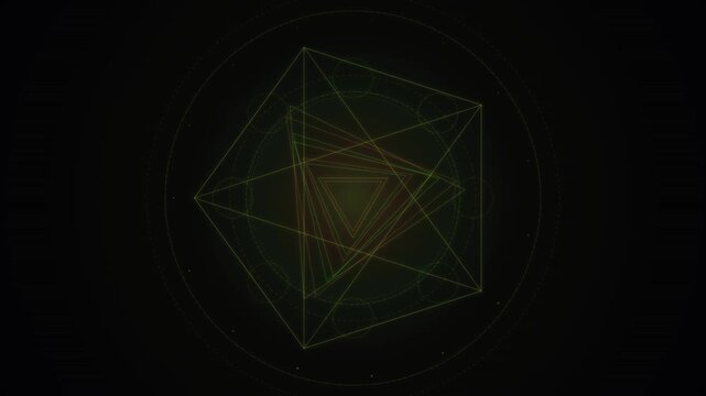 Faint green and yellow wireframe geometric shapes hover inside concentric dashed circles against a pitch black background.