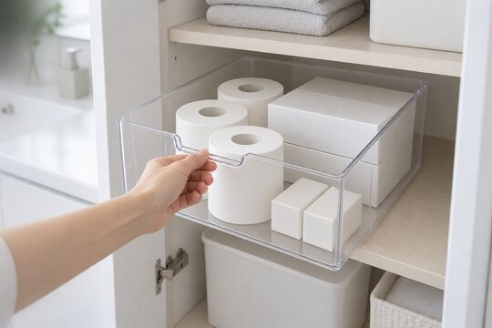 予備の日用品を透明ケースへまとめて残量を確認しやすくする