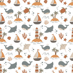 Fototapeta premium Seamless Nautical Pattern with Cute Sea Animals, Sailboats, and Tropical Islands for Textile Design