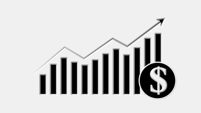 Bar graph animation displays an upward rising arrow and dollar mark. Corporate business financial success tracks on bar graph animation. Profitable economic investment drives graph.