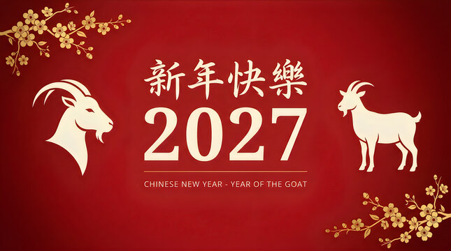 Year of the Goat 2027, Chinese New Year poster with two symmetrical goats and gold blossoms on red