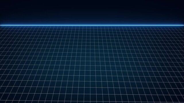 Grid floor animation recedes toward a glowing horizon line on dark. Cyberspace matrix perspective terrain shifts along grid floor animation. Modern synthwave visual depth defines floor.