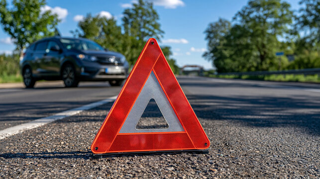 Bright red emergency warning triangle standing on the highway shoulder with a disabled car blurred in the distance, roadside breakdown safety concept, low-angle view, clean asphalt surface, open roa